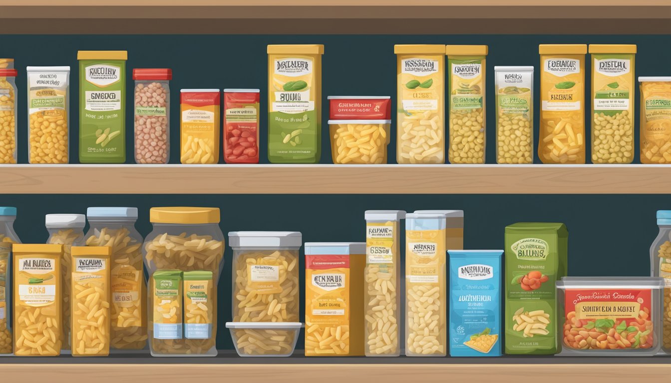 A pantry shelf with a package of gemelli pasta, surrounded by various expiration date labels and dietary information