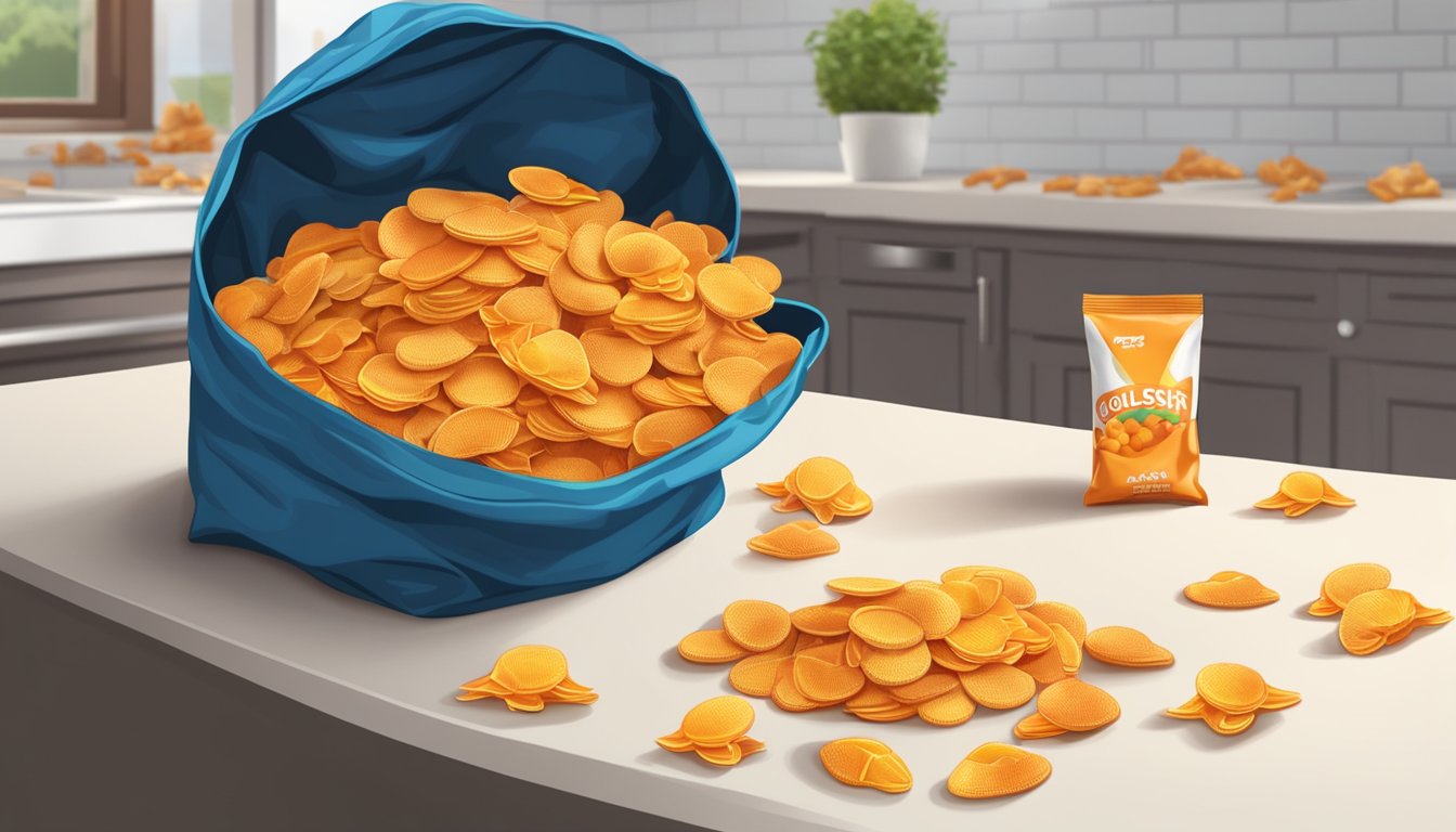 A colorful pile of Goldfish crackers sits in an open, half-empty bag, with a few scattered on a clean kitchen counter