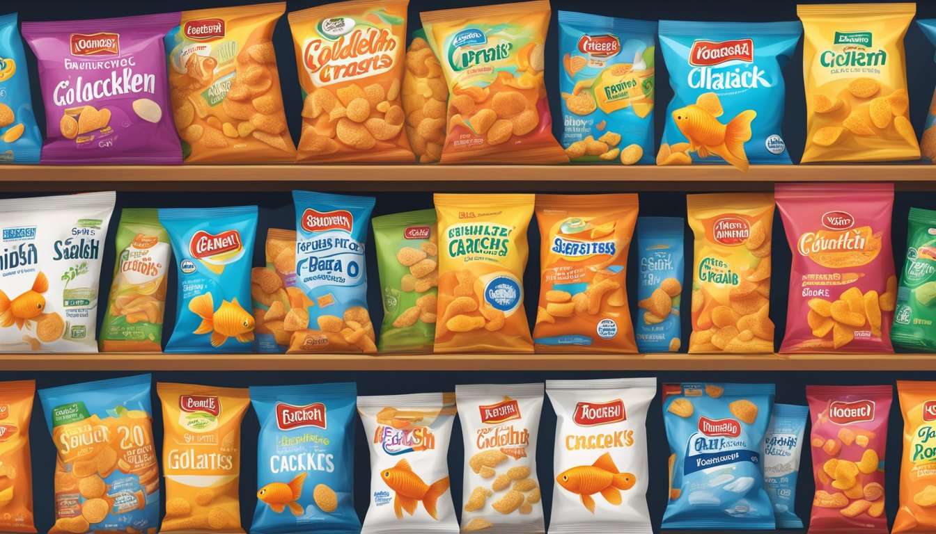 A colorful package of Goldfish crackers sits on a pantry shelf, surrounded by other snacks. The expiration date is clearly visible