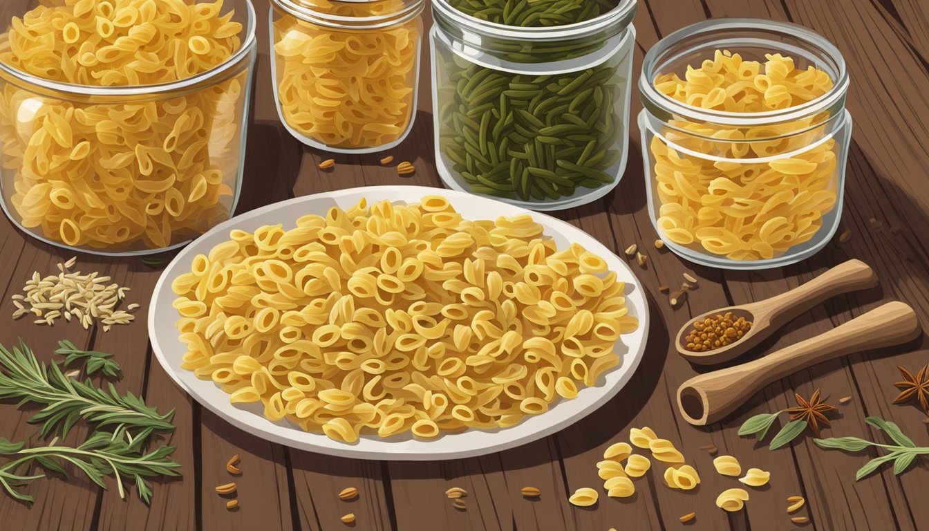 A neatly arranged pile of gemelli pasta on a rustic wooden table, surrounded by jars of dried herbs and spices