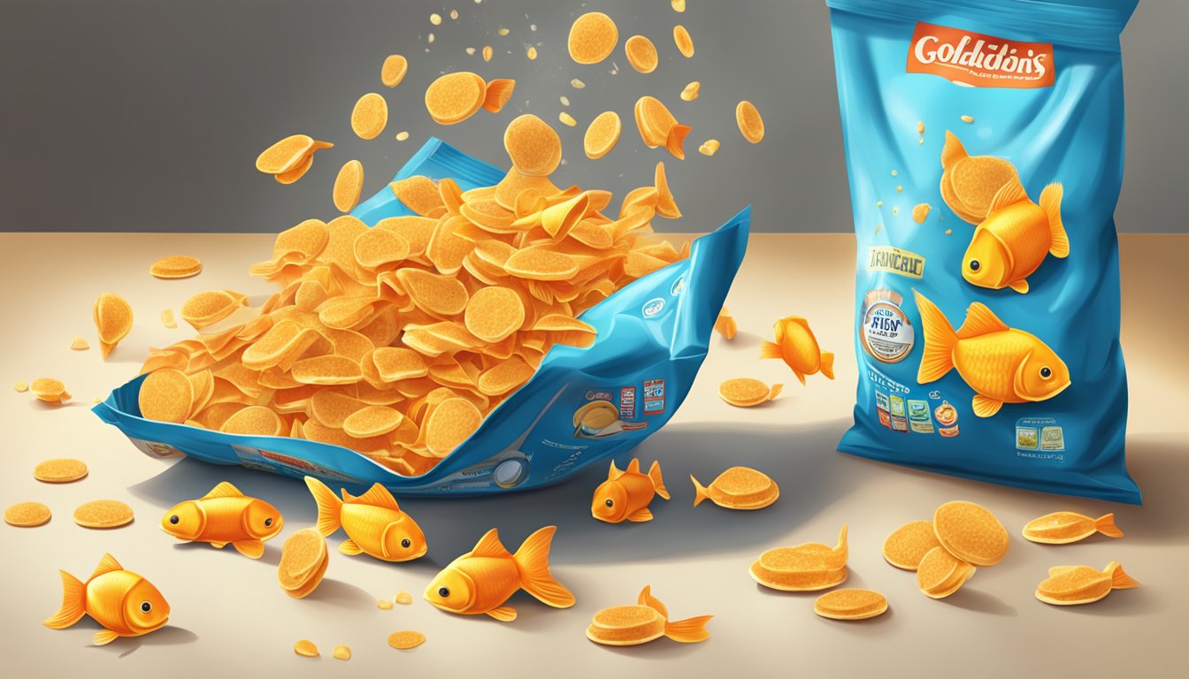 A pile of Goldfish crackers spilling out of an open, half-empty bag onto a kitchen counter