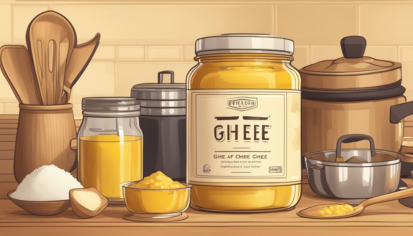 A jar of ghee sits on a kitchen counter, surrounded by various cooking utensils and ingredients. The warm, golden-hued ghee appears smooth and creamy, with a rich, buttery aroma filling the air