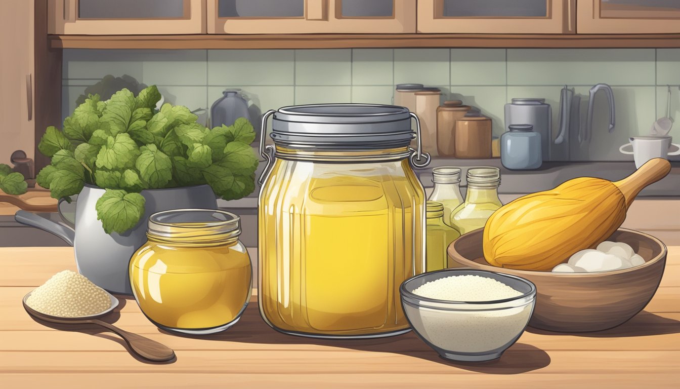 A jar of ghee sits on a kitchen counter, untouched for months, surrounded by other cooking ingredients