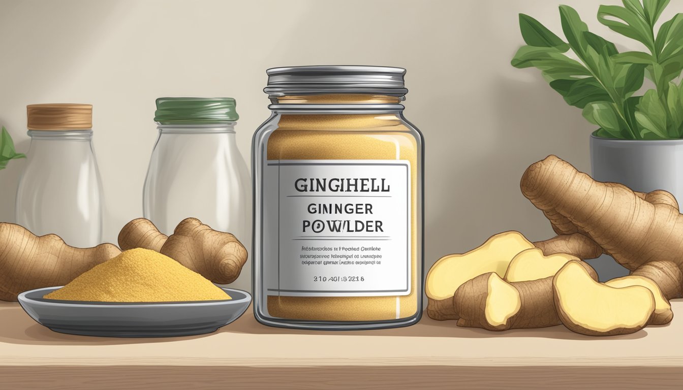 A jar of ginger powder on a kitchen shelf, with a label showing the expiration date