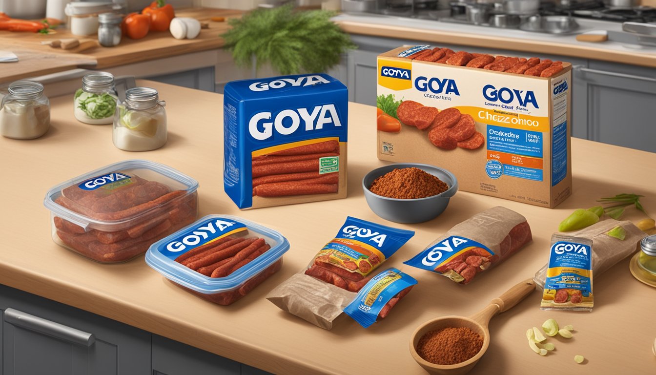 A package of Goya Chorizo sits on a kitchen counter, surrounded by various cooking ingredients and utensils. The chorizo is sealed in plastic and has a label indicating the expiration date