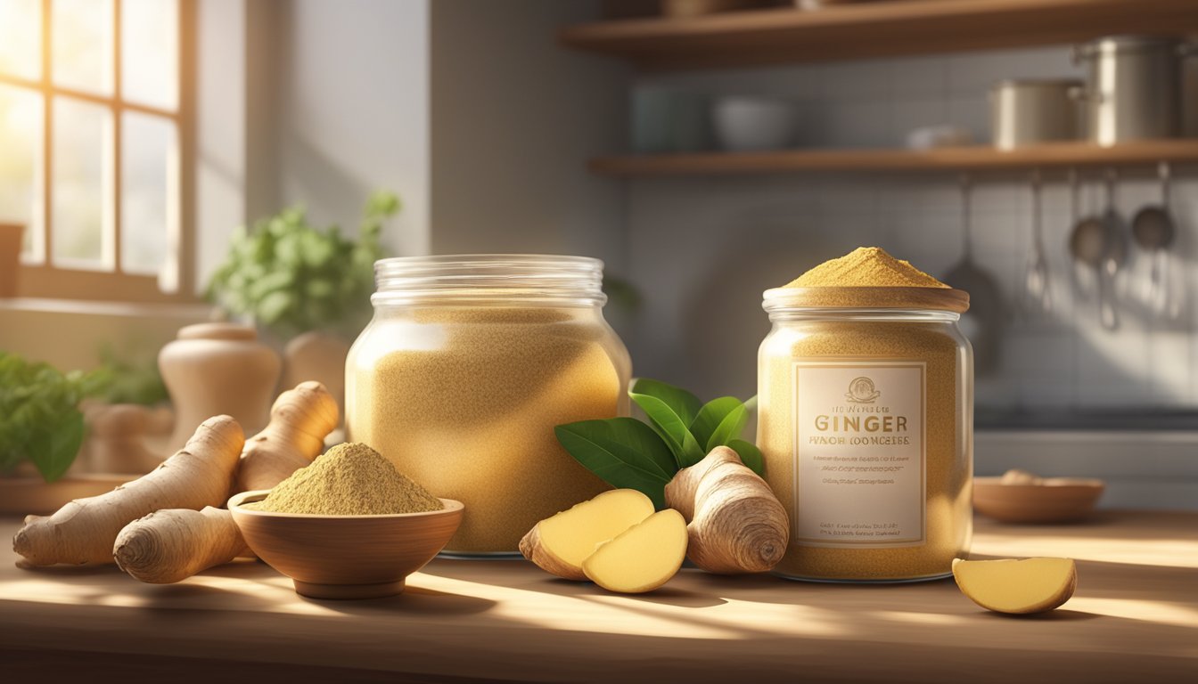 A jar of ginger powder sits on a kitchen counter, surrounded by fresh ginger root and a mortar and pestle. Rays of sunlight filter through a nearby window, illuminating the scene