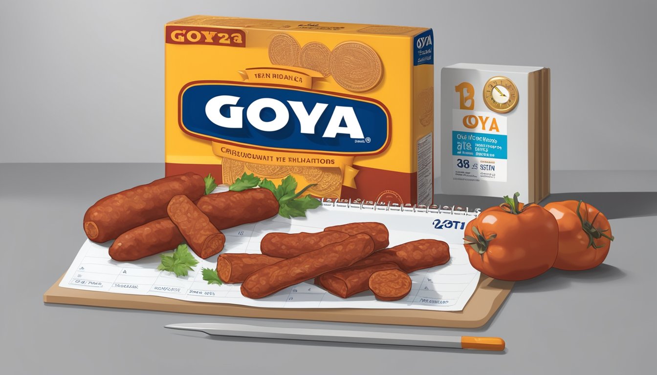 A package of Goya Chorizo sits on a kitchen counter next to a calendar and a clock, with the chorizo's expiration date circled