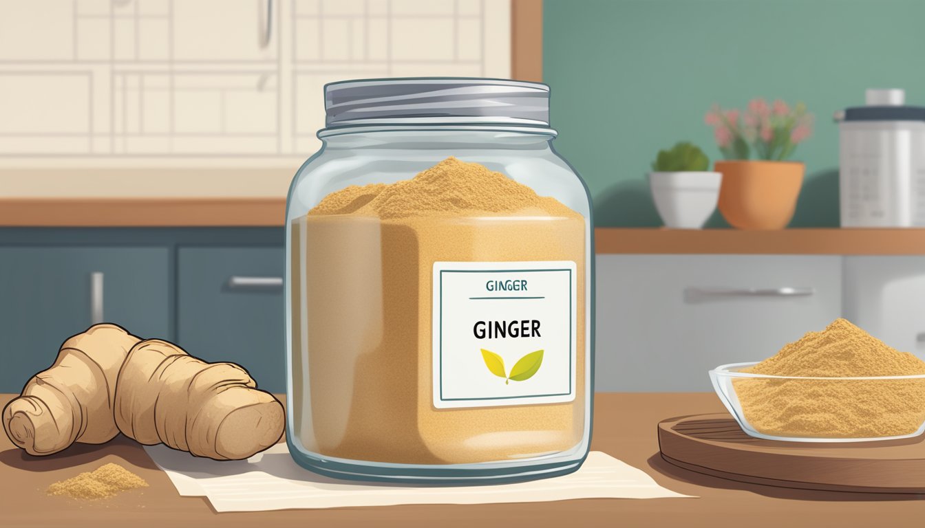 A jar of ginger powder sits on a kitchen counter, next to a calendar showing the current date. The jar is open, and a faint aroma of ginger fills the air