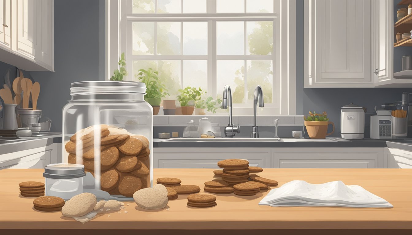 A jar of ginger snaps sits on a kitchen counter, surrounded by scattered ingredients like flour, sugar, and ginger. A calendar on the wall shows the current date