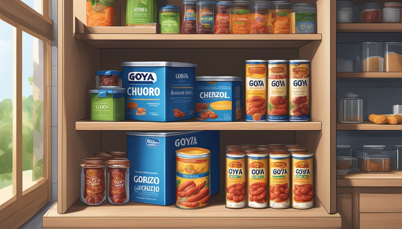 A pantry shelf with a package of Goya Chorizo stored in a cool, dry place, away from direct sunlight, and with proper air circulation