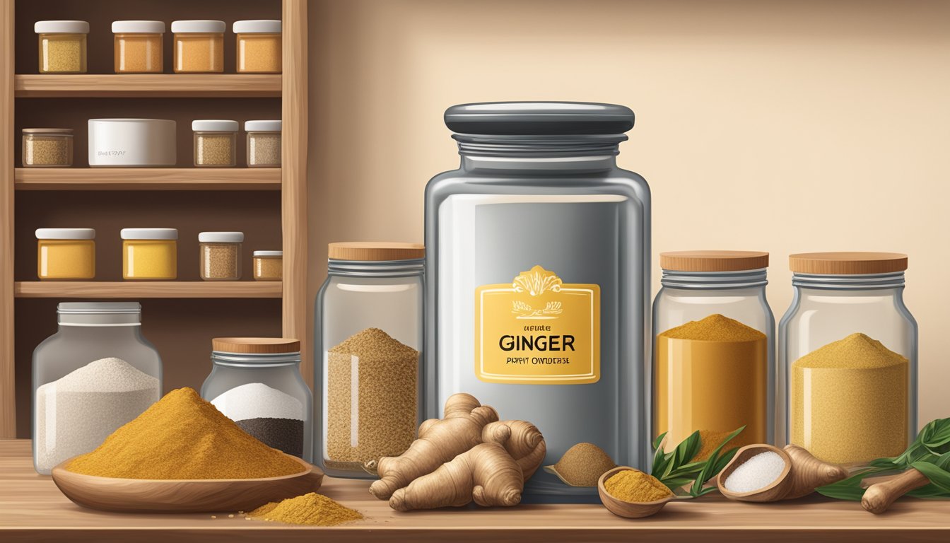 A sealed jar of ginger powder on a pantry shelf, surrounded by other spices and dry ingredients