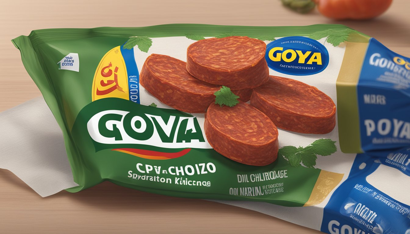 A package of Goya Chorizo sits on a kitchen counter, with a visible expiration date and signs of spoilage