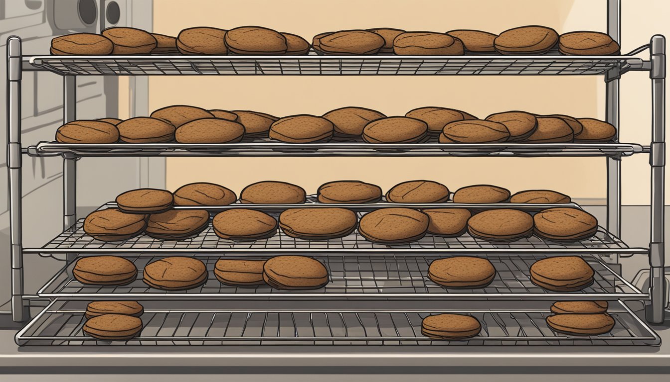 A batch of ginger snaps cooling on a wire rack, with a timer on the counter in the background