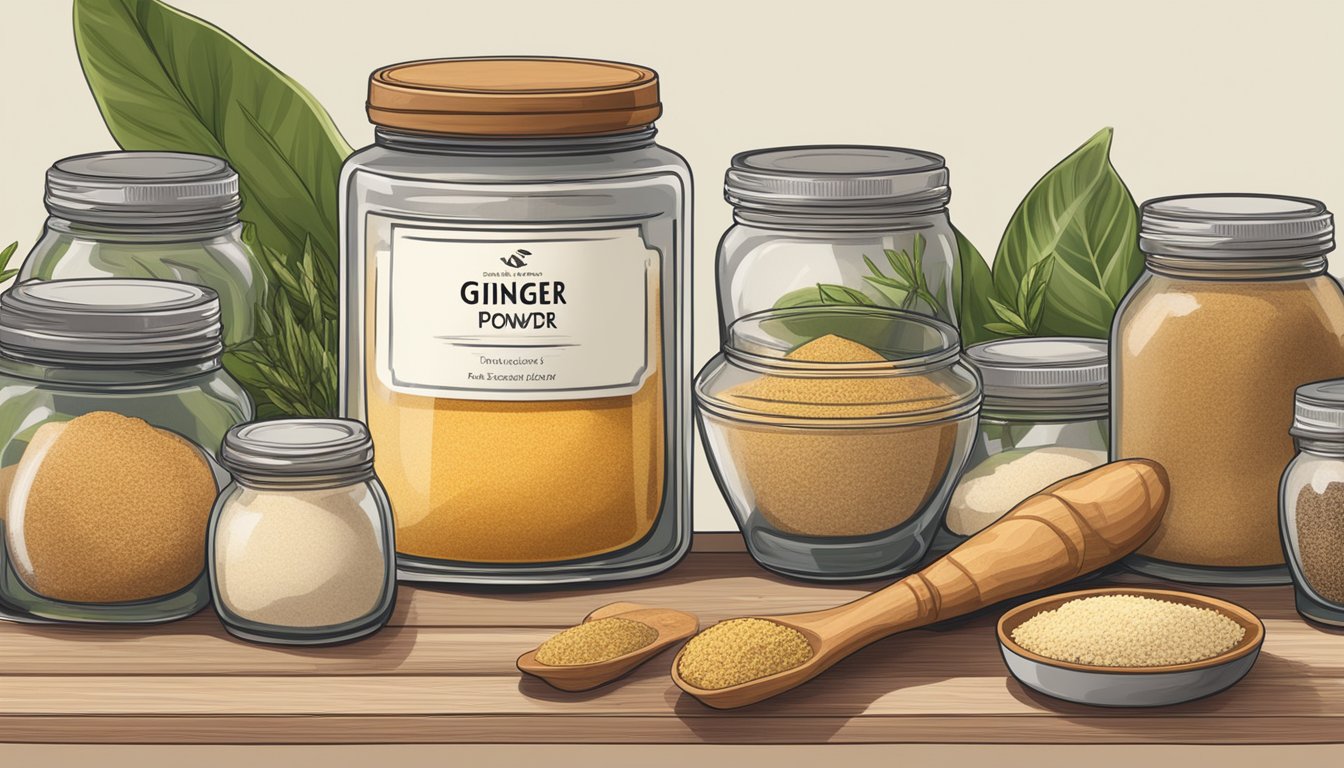 A jar of ginger powder sits on a kitchen shelf, surrounded by other spices and ingredients. The label on the jar indicates the expiration date