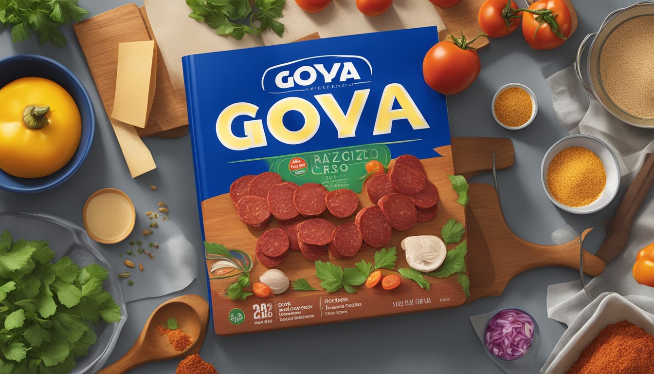 A package of Goya Chorizo sits on a clean kitchen counter, surrounded by colorful ingredients and a recipe book