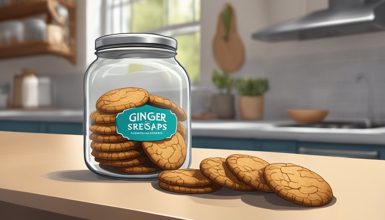 A glass jar filled with ginger snaps sits on a kitchen counter, sealed tightly with a metal lid. The cookies inside are golden brown with visible specks of ginger and sugar