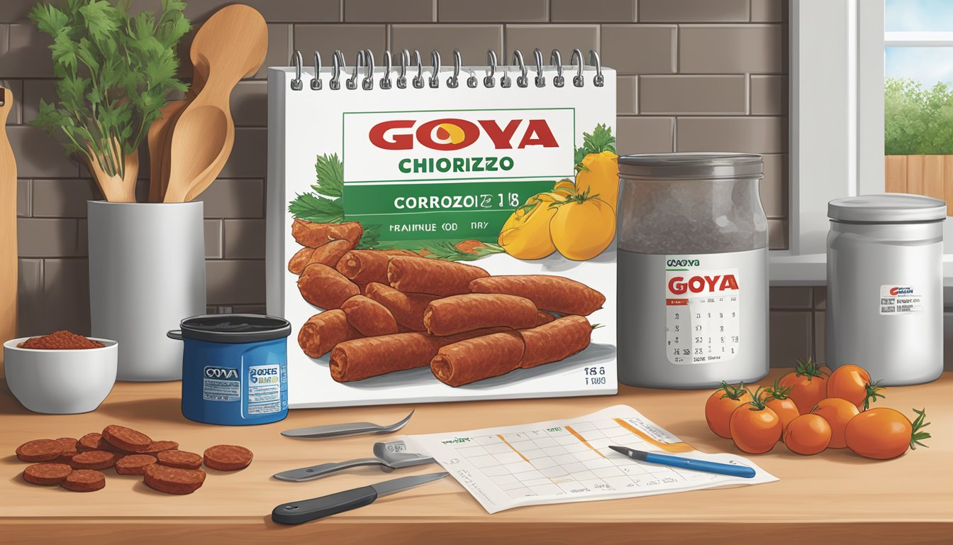 A package of Goya Chorizo sits on a clean, organized kitchen counter next to a calendar indicating the current date