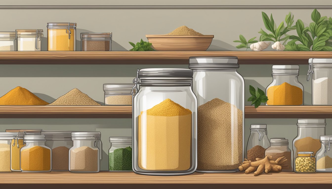 A jar of ginger powder sits on a shelf, surrounded by various spices and herbs. The label indicates the expiration date, while the powder inside remains dry and aromatic