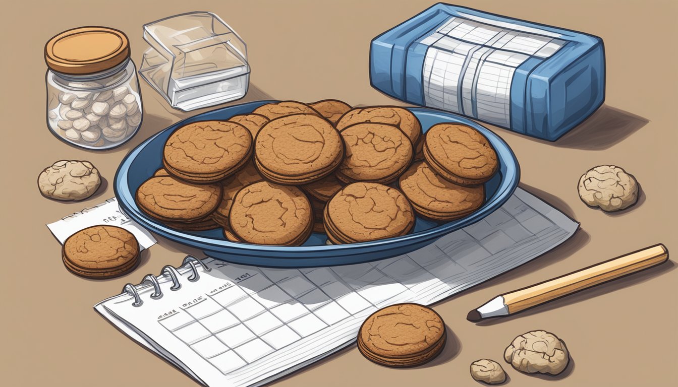 A plate of ginger snaps sits next to a calendar, with some cookies wrapped in plastic and others in a homemade container