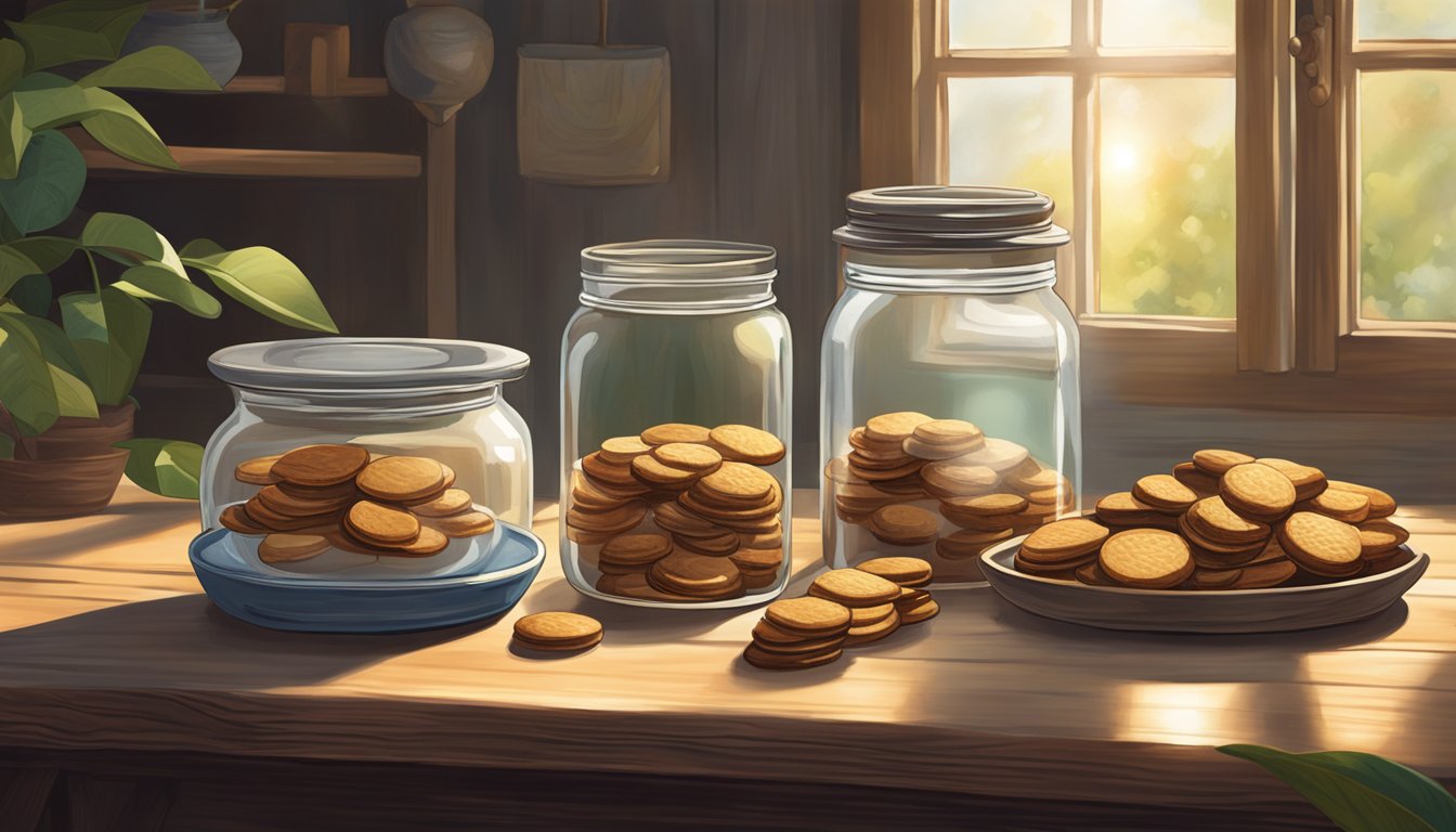 A jar of ginger snaps sits on a rustic wooden table, surrounded by fresh ginger root and a vintage tea set. Sunlight streams in through a nearby window, casting a warm glow over the scene