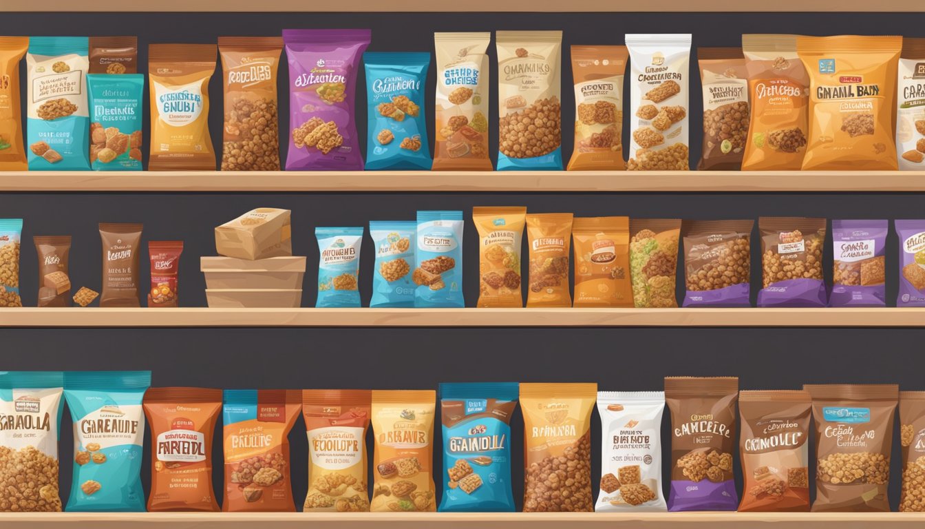 A pantry shelf filled with various granola bar packages, some open and partially eaten, others still sealed and neatly arranged