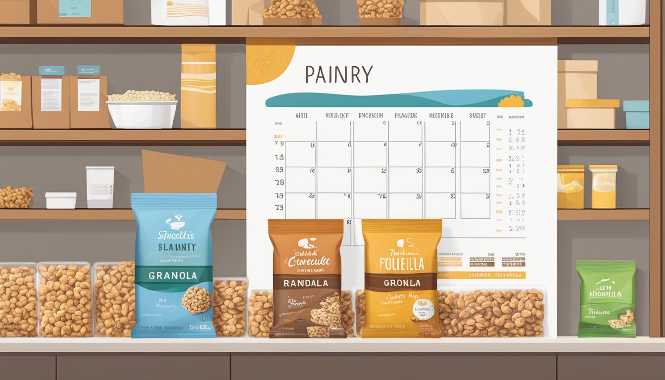 A pantry shelf with neatly arranged granola bars in their original packaging, next to a calendar marking the date of purchase