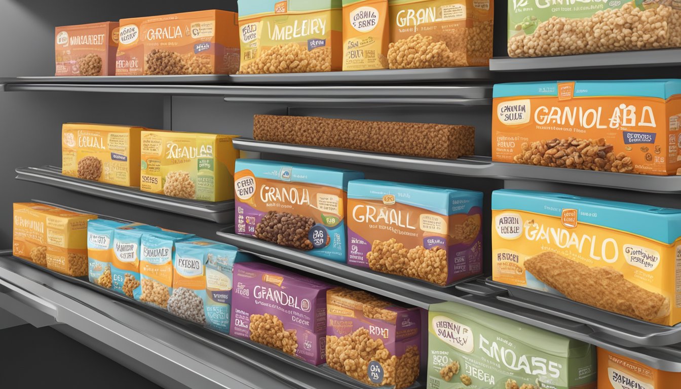 A variety of granola bars arranged on a shelf, with expiration dates visible on the packaging