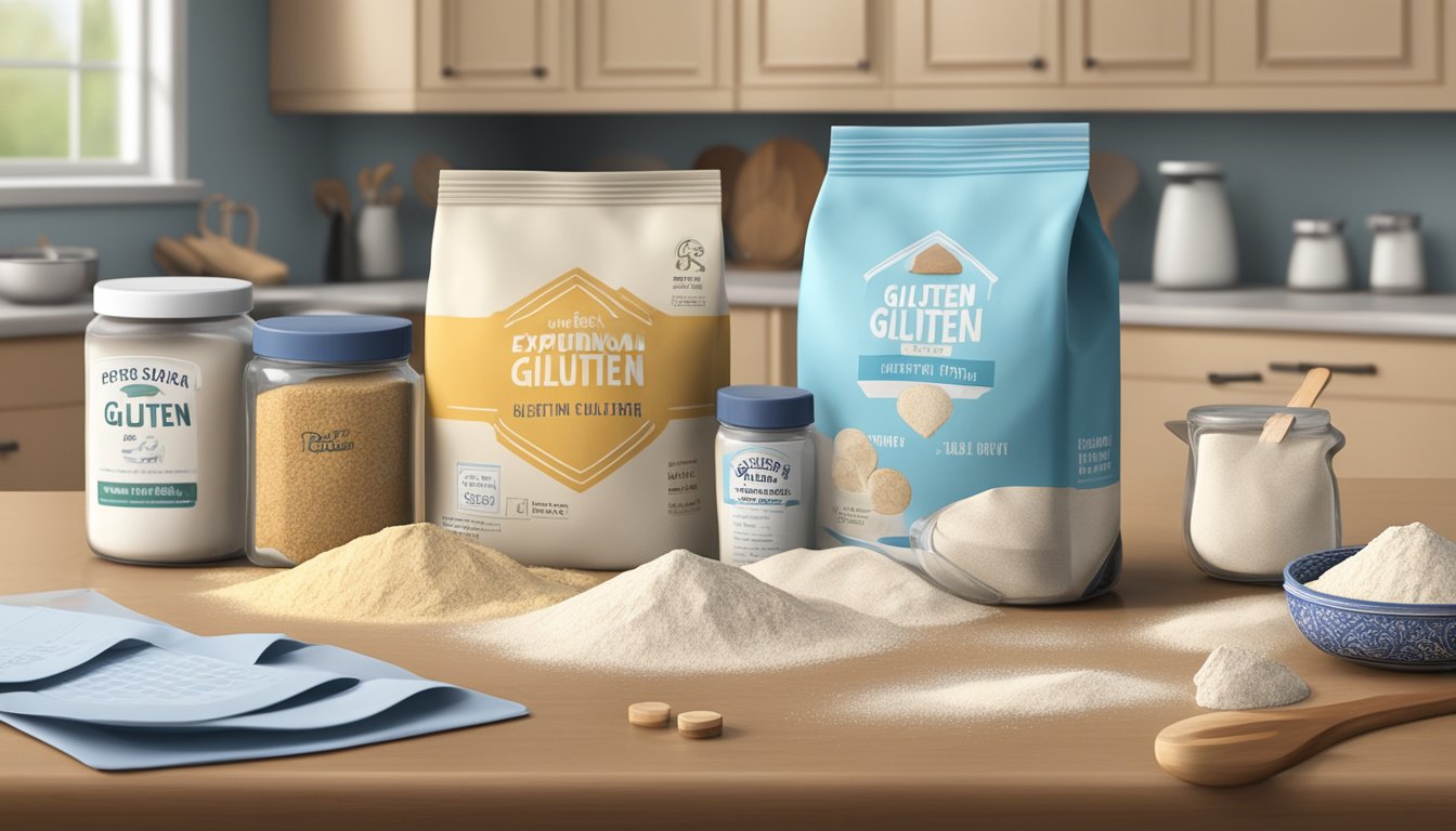 A variety of flour types arranged on a kitchen counter, with a focus on a bag of gluten flour and a calendar indicating the expiration date