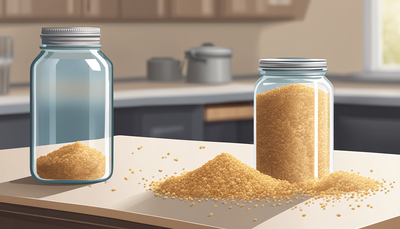 A jar of gluten-free breadcrumbs sits on a shelf, next to a calendar showing the expiration date. A few loose crumbs scatter around the jar