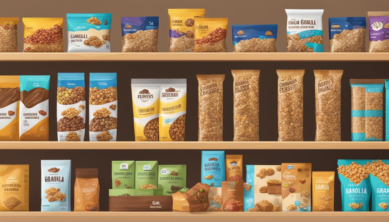 A pantry shelf with various granola bar packages, some opened and partially consumed, and others neatly stacked and sealed