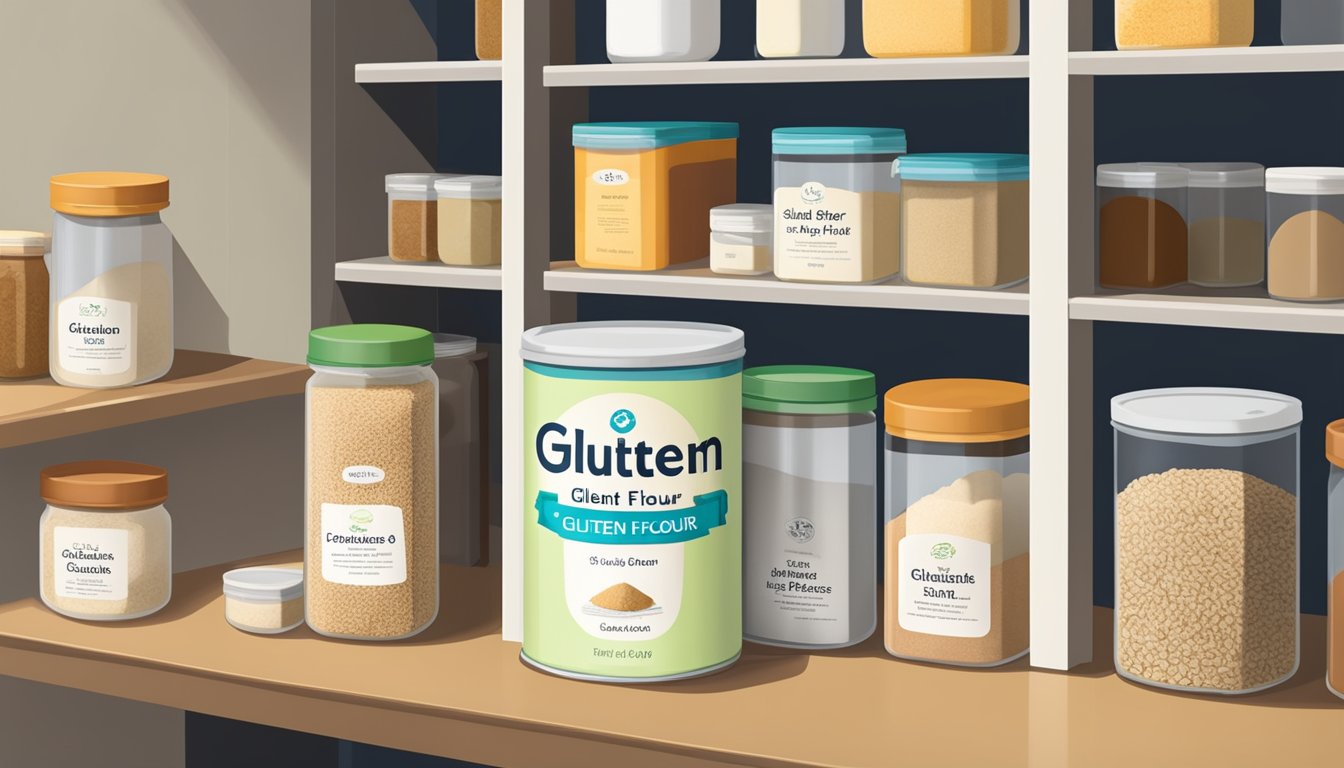 A pantry shelf with a sealed container of gluten flour, alongside other dry ingredients, with a label indicating the date of purchase