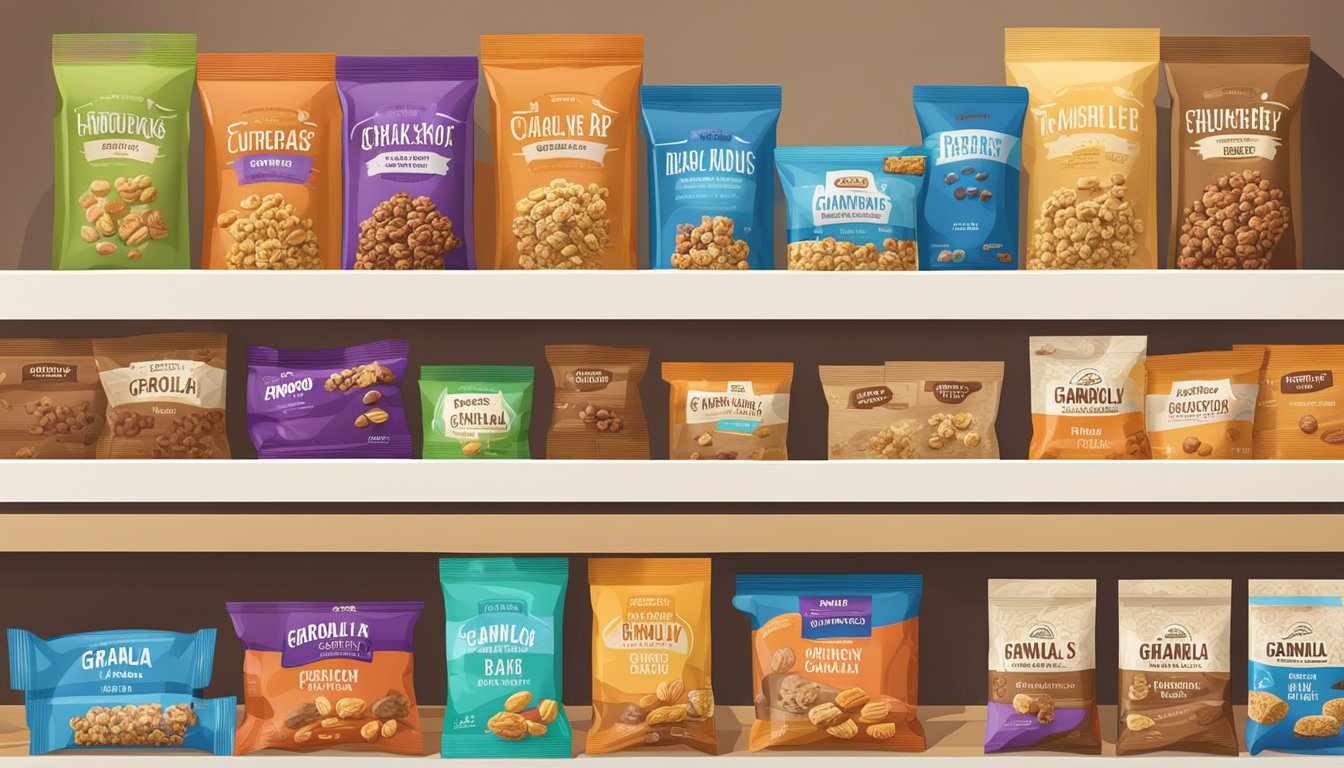 A pantry shelf with various granola bar packages, some opened and half-eaten, others still sealed and neatly arranged