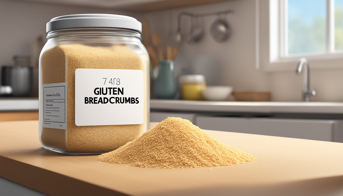 A jar of gluten-free breadcrumbs on a kitchen counter, with a label indicating the expiration date