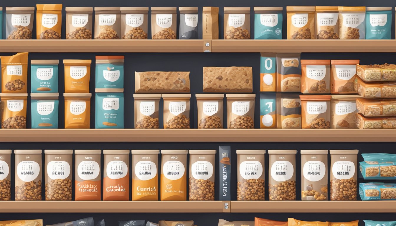 A pantry shelf with neatly organized rows of granola bars in their individual packages, with a calendar on the wall marking the current date