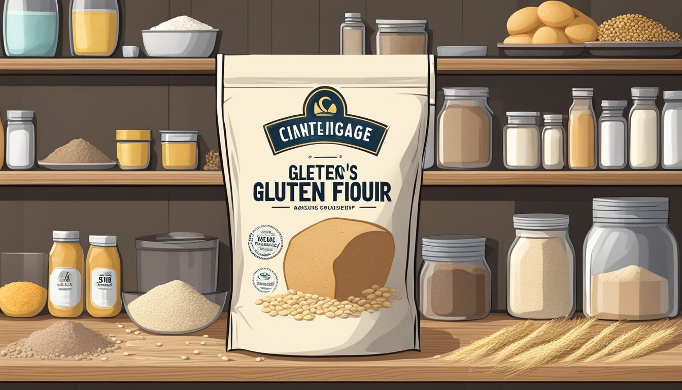 A bag of gluten flour sits on a pantry shelf, surrounded by other baking ingredients. The bag is unopened, with no signs of spoilage