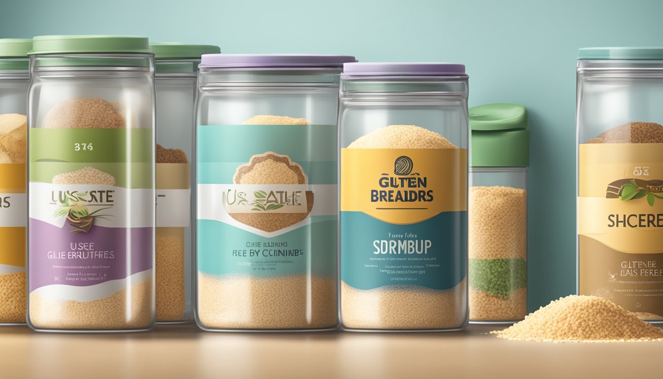 Gluten-free breadcrumbs in a sealed container with a "use by" date label, stored in a cool, dry pantry away from direct sunlight and moisture