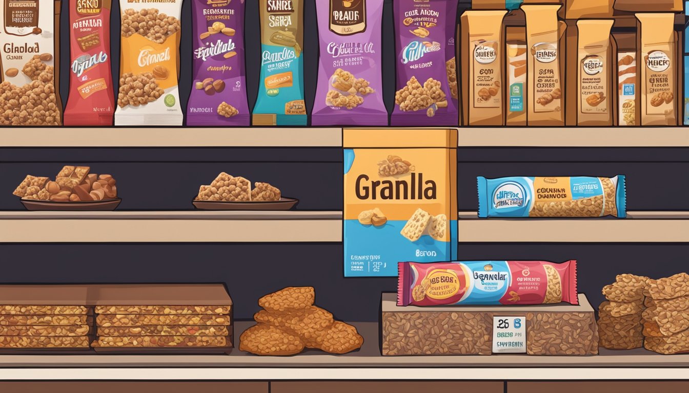 A stack of granola bars sits on a pantry shelf, surrounded by other snacks and food items. The expiration date on the packaging is clearly visible