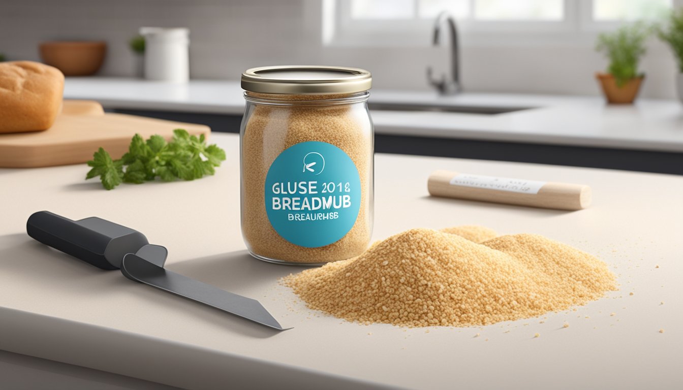 A jar of gluten-free breadcrumbs sits on a kitchen counter, with a calendar showing the current date and a "use by" date circled in red. The breadcrumbs appear dry and crumbly