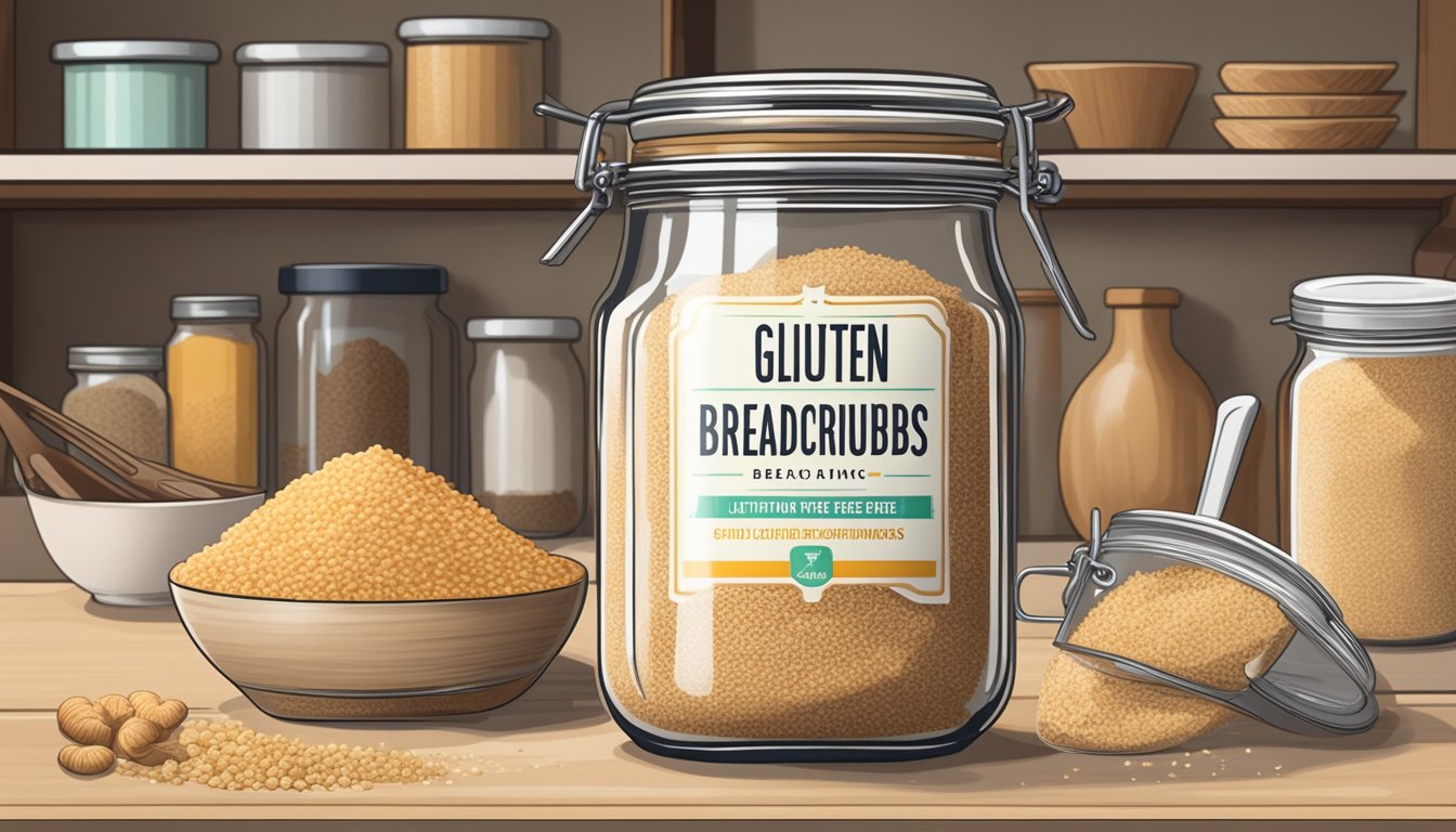 A jar of gluten-free breadcrumbs sits on a kitchen shelf, surrounded by baking ingredients and utensils. The label indicates the expiration date