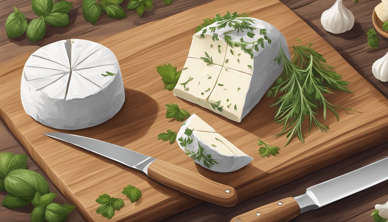 A wheel of goat cheese sits on a wooden cutting board, surrounded by fresh herbs and a small knife