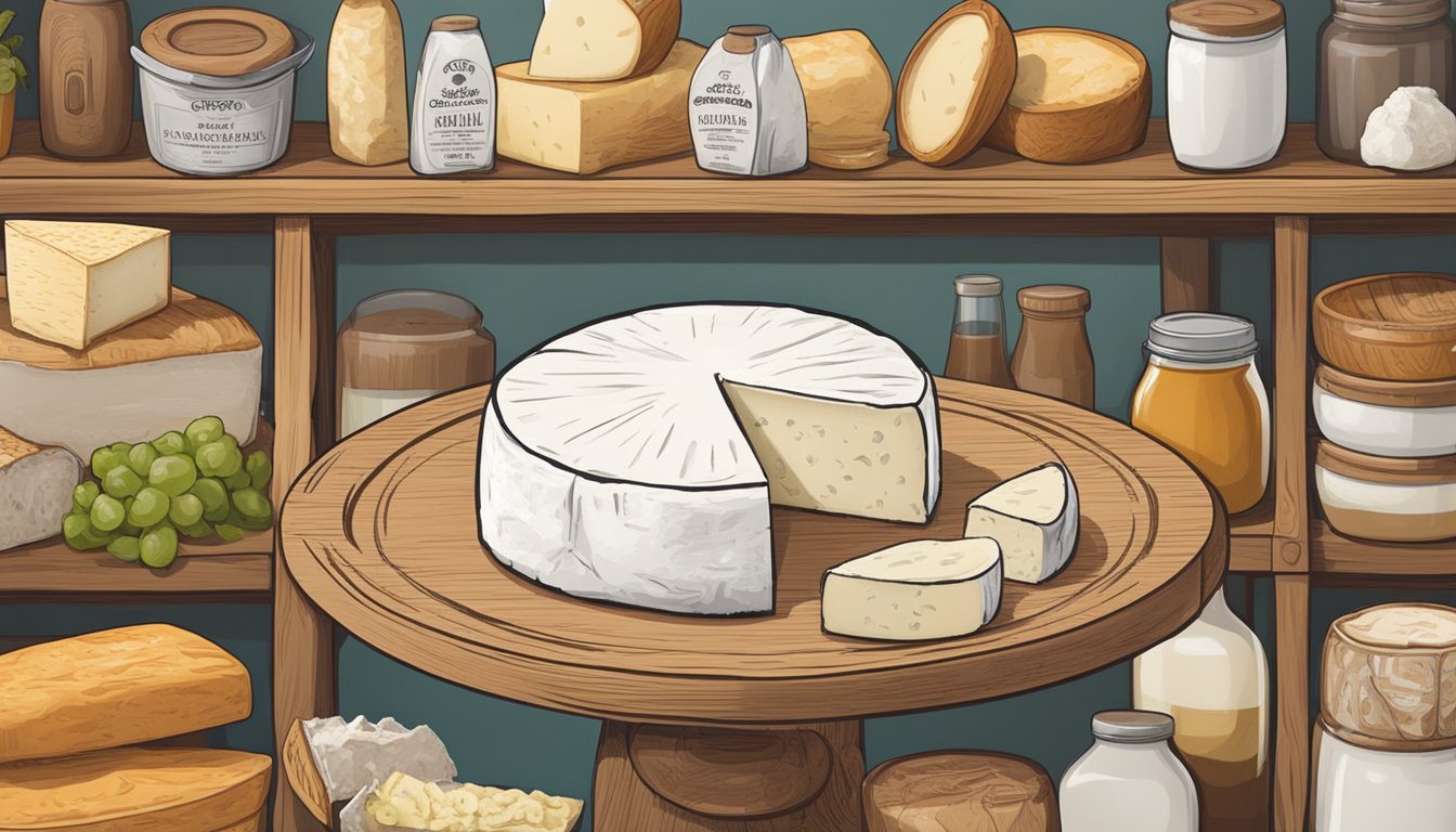 A wheel of goat cheese sits on a wooden shelf, surrounded by other dairy products. The label indicates the expiration date