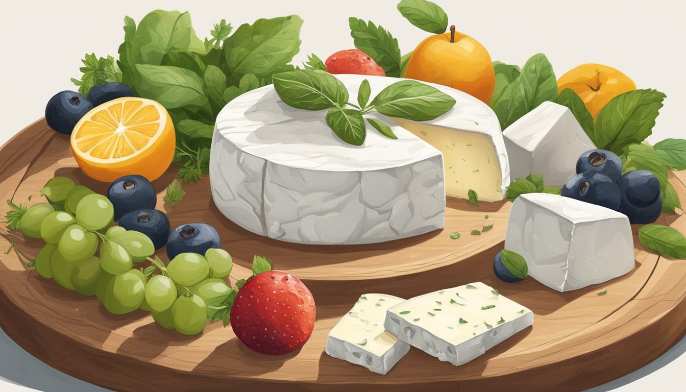 A wheel of goat cheese sits on a wooden cutting board, surrounded by fresh herbs and a few pieces of fruit. The cheese is starting to develop patches of mold, indicating spoilage