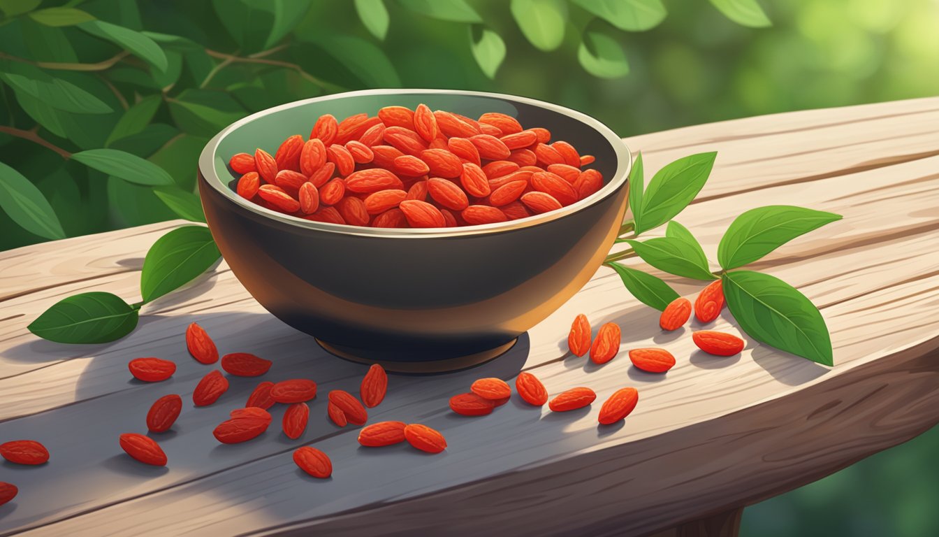 A bowl of fresh goji berries sits on a rustic wooden table, surrounded by vibrant green leaves and a few scattered berries