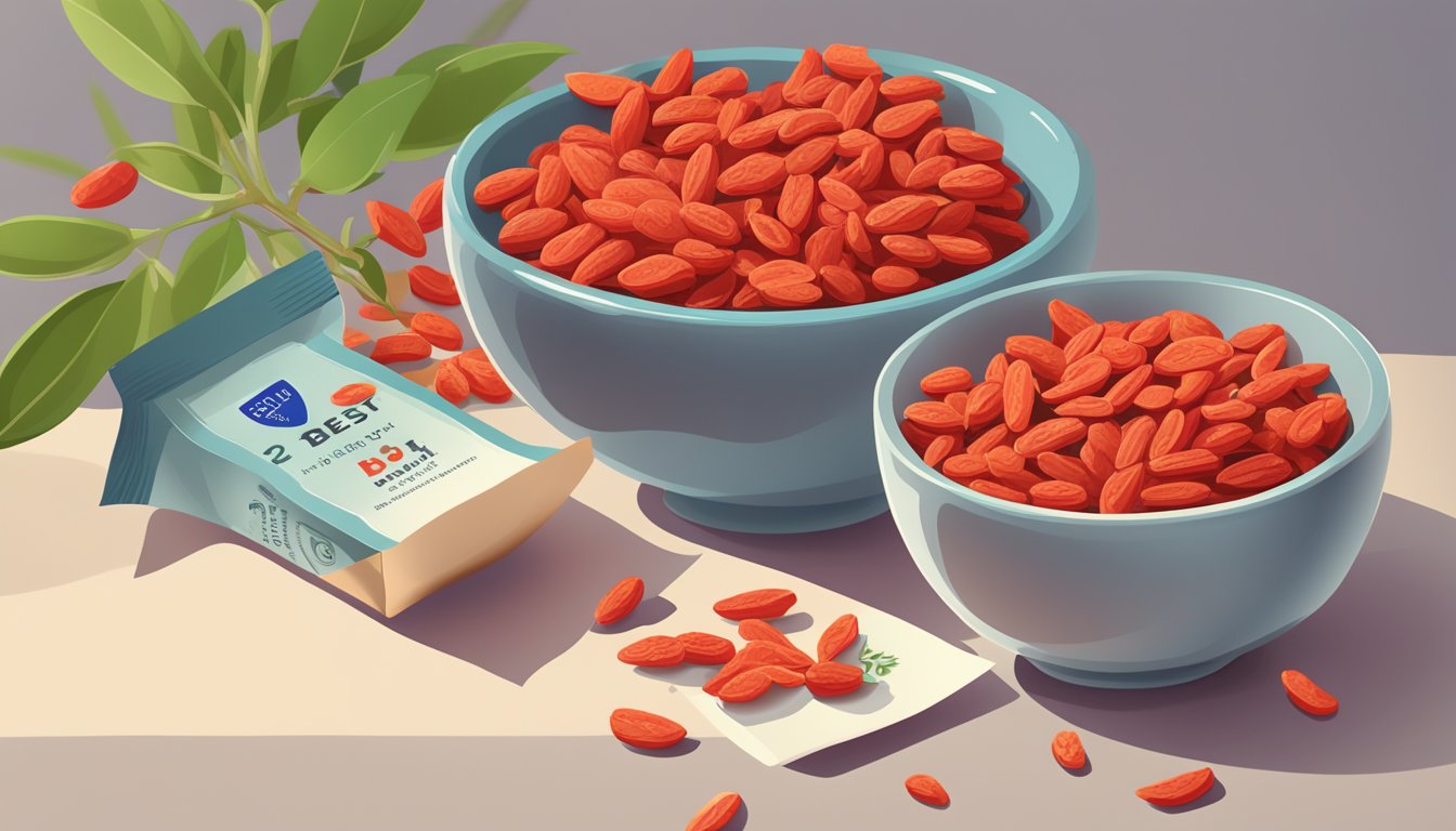 A bowl of fresh goji berries sits next to a dried goji berry packet with a "best by" date