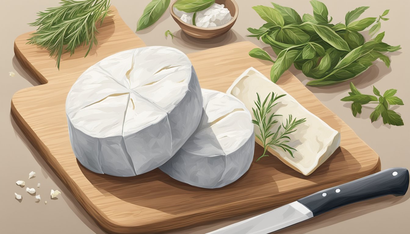 A block of goat cheese sits on a wooden cutting board, next to a knife and some herbs. The cheese is wrapped in parchment paper and stored in a refrigerator