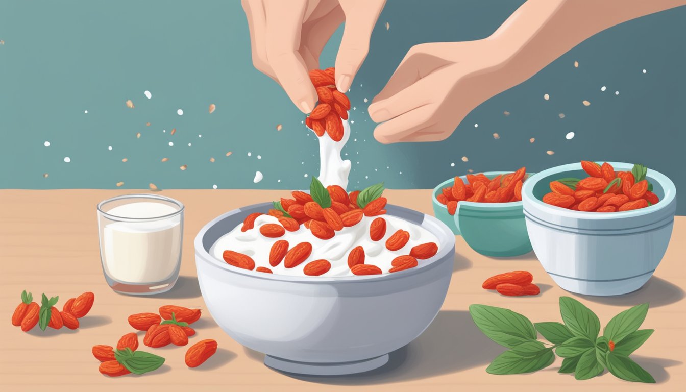 A hand sprinkling goji berries onto a bowl of yogurt, with a few berries scattered on the table