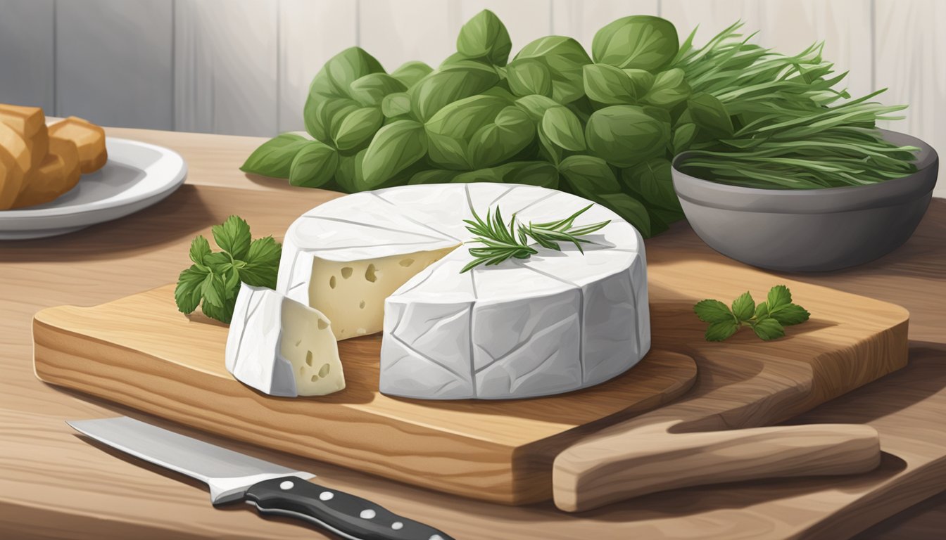 A wheel of goat cheese sits on a wooden cutting board next to a knife and a sprig of fresh herbs. A calendar on the wall shows the current date