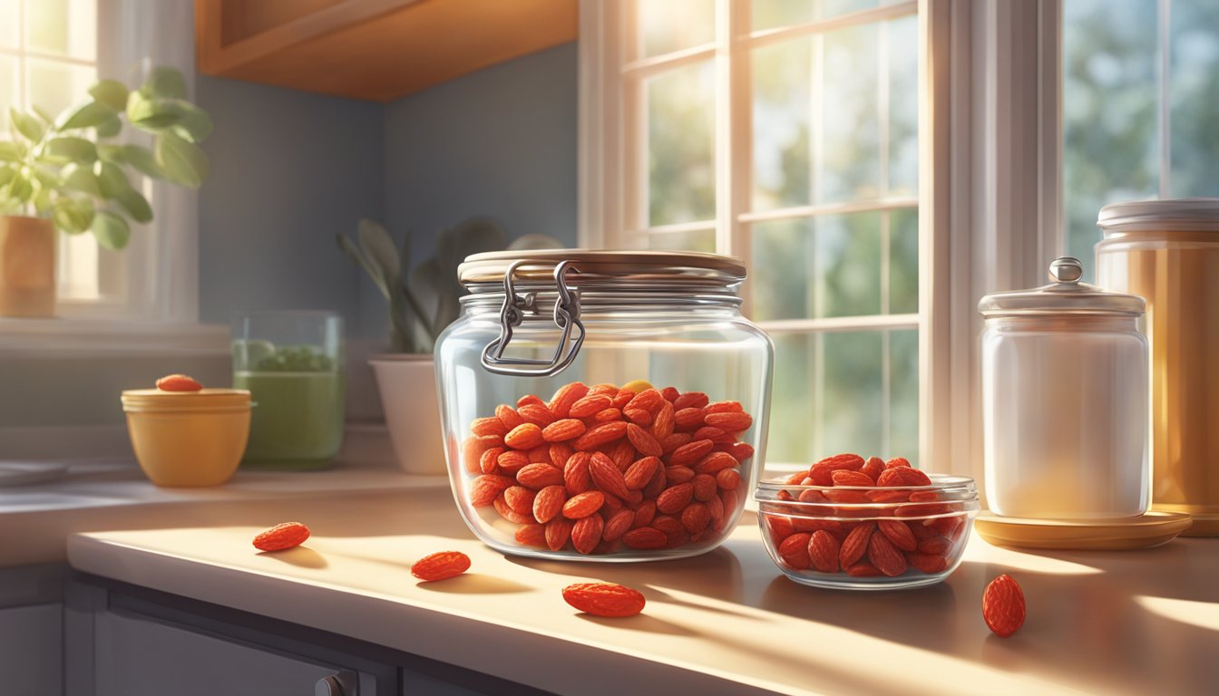 A glass jar filled with goji berries sits on a kitchen counter, sealed tightly with a lid. Sunlight streams in through the window, casting a warm glow over the berries