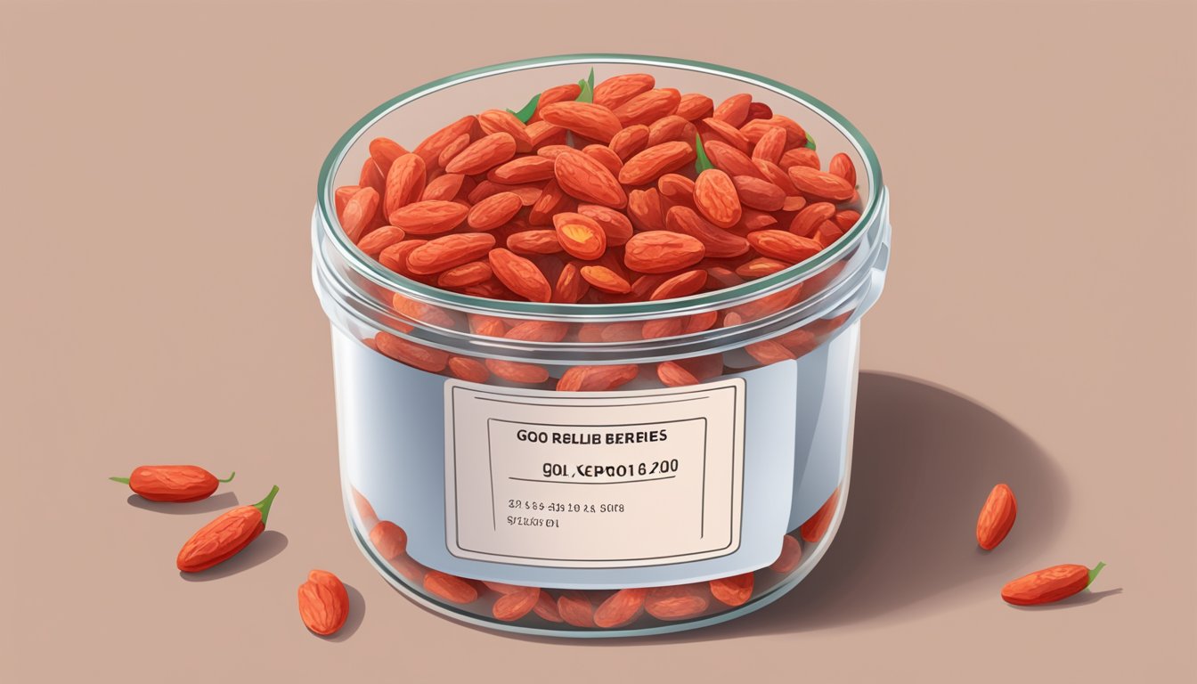 A pile of goji berries in a clear, airtight container with a labeled expiration date