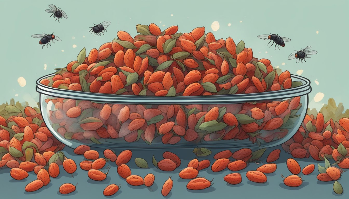 A pile of moldy goji berries sits in a clear container, surrounded by flies. Some berries are shriveled and discolored